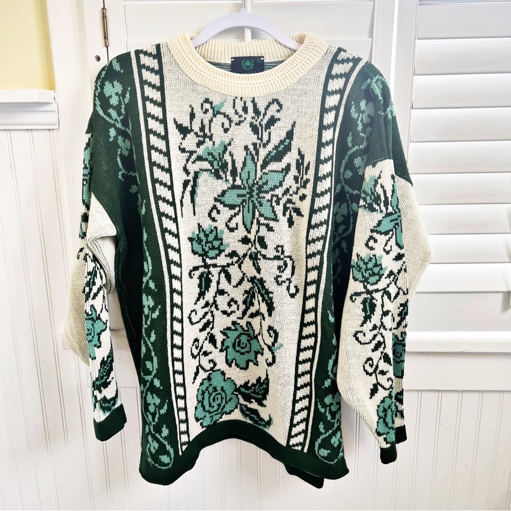 Emerald Isle Made in Ireland Cream & Green Floral Knit Crewneck Sweater Sz Large